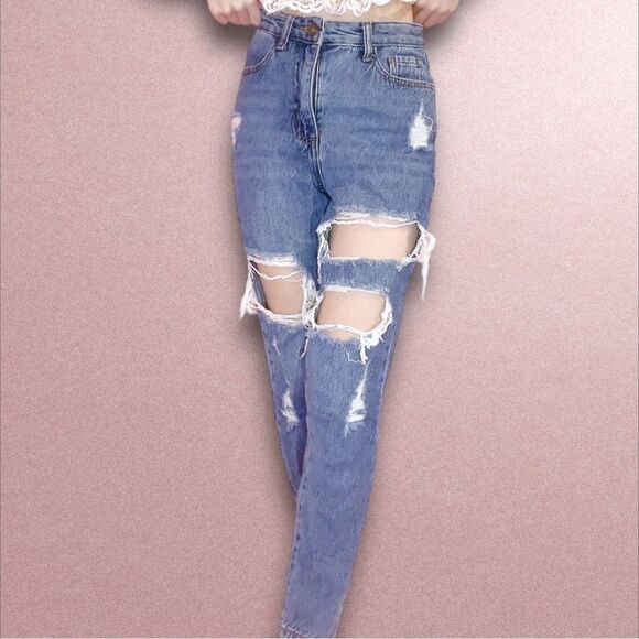 Skinny Fries Denim Ripped Distressed Cotton Mom Jeans Size 1 - Picture 1 of 4